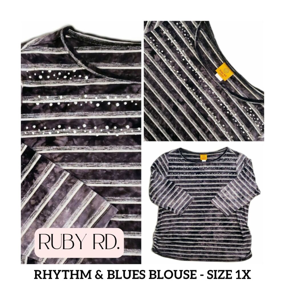 Ruby Rd Women Rhythm & Blues Blouse Grey & White Size 1X